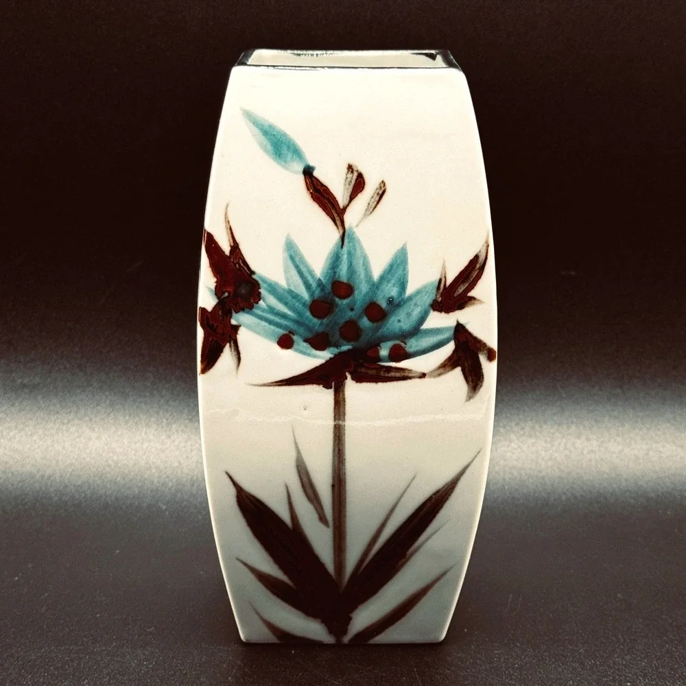 Vintage Napcoware Japan MCM Square Vase Turquoise Brown Floral Ceramic Botanical